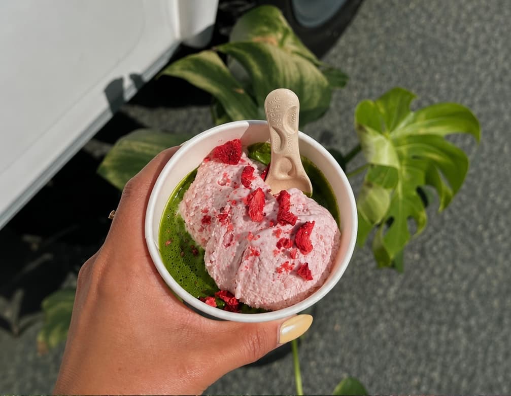 Strawberry matcha soft serve bowl