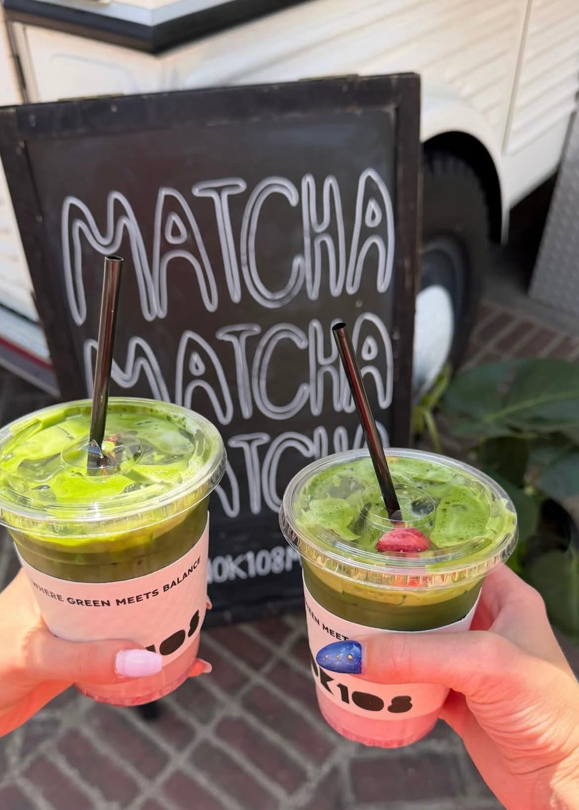 Two matcha drinks with MATCHA sign